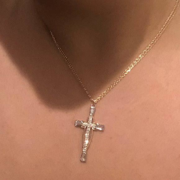 Cross Necklace Yellow White Gold Overlay - Picture 9 of 9